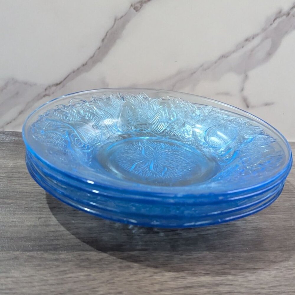 KIG Indonesia Ice Blue Glass‎ Bowls Embossed 8.5” Fruit Pattern garden party